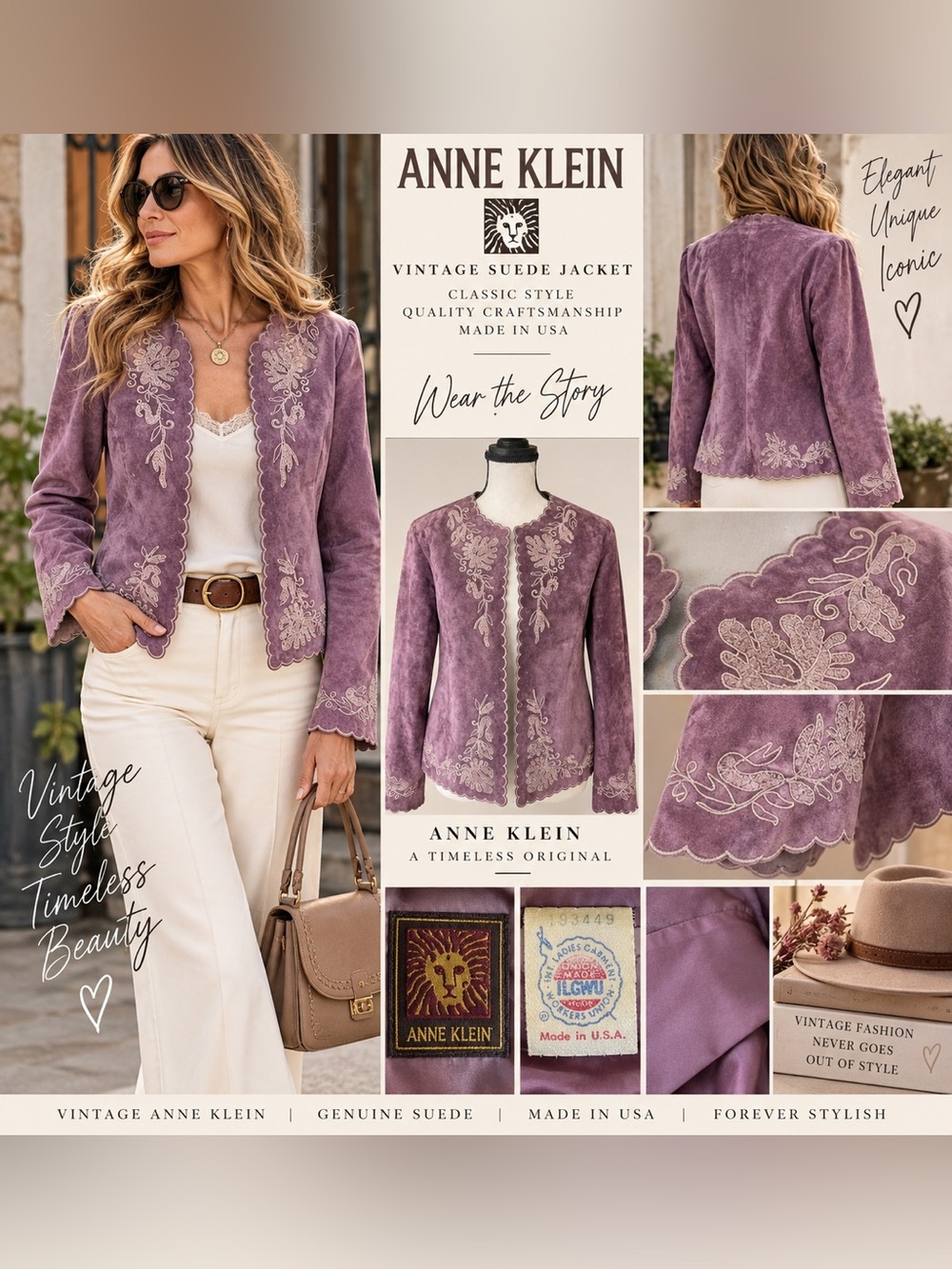 Vintage Anne Klein Purple Suede Leather Embroidered Jacket Union Made USA